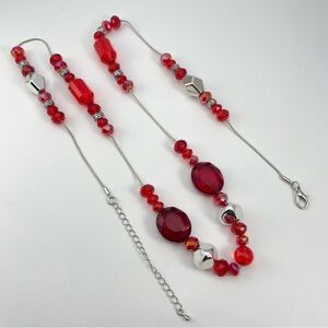 Red Acrylic & Glass Beaded Statement Necklace with Silver Accents.